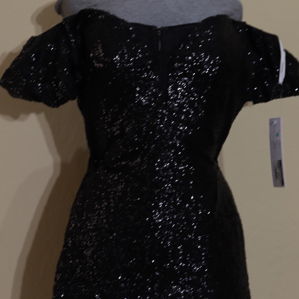 JOVANI off the shoulder short sequin sheath dress in black size 8